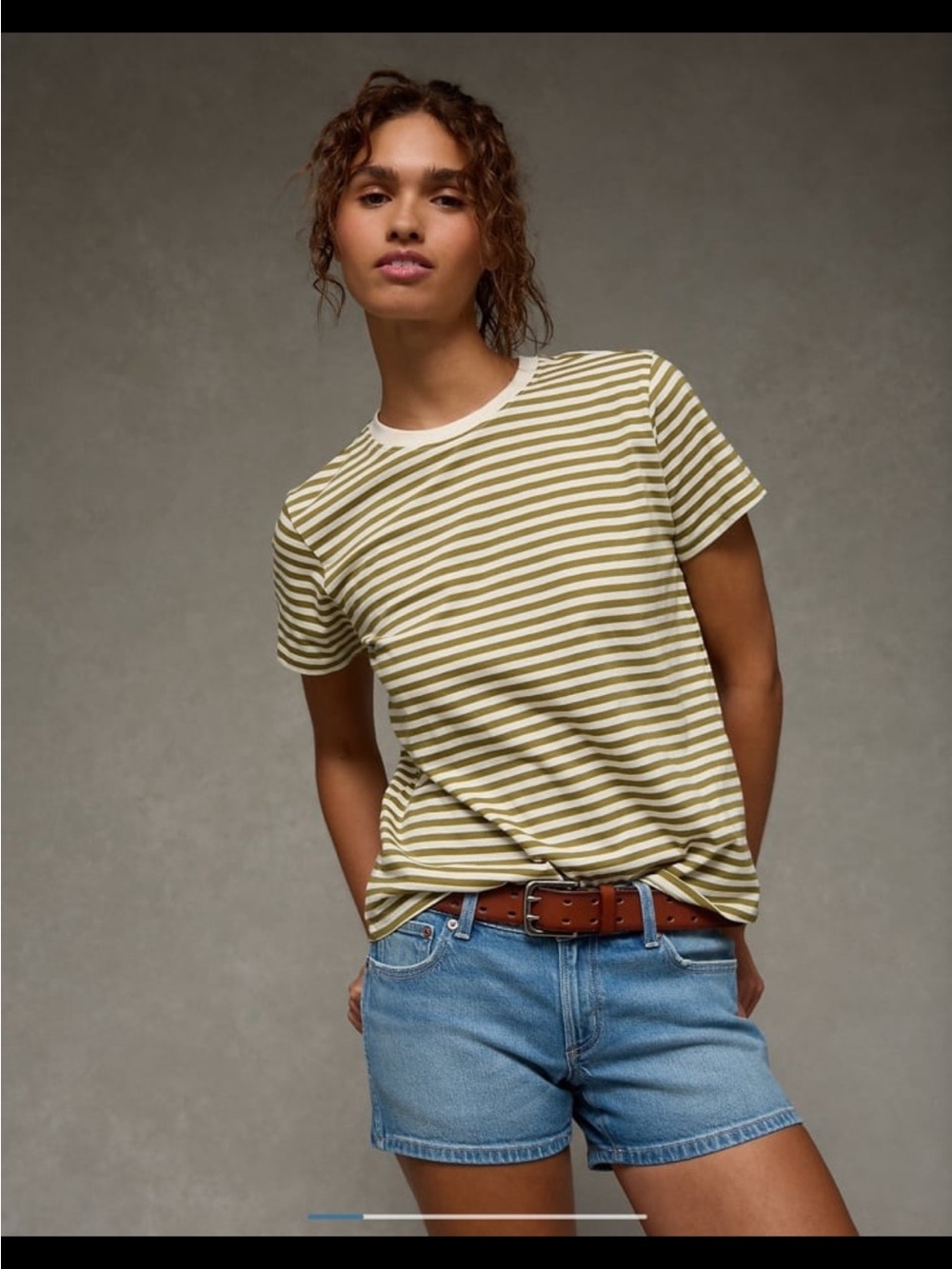 American Eagle Striped Crewneck Tee in Olive & Cream